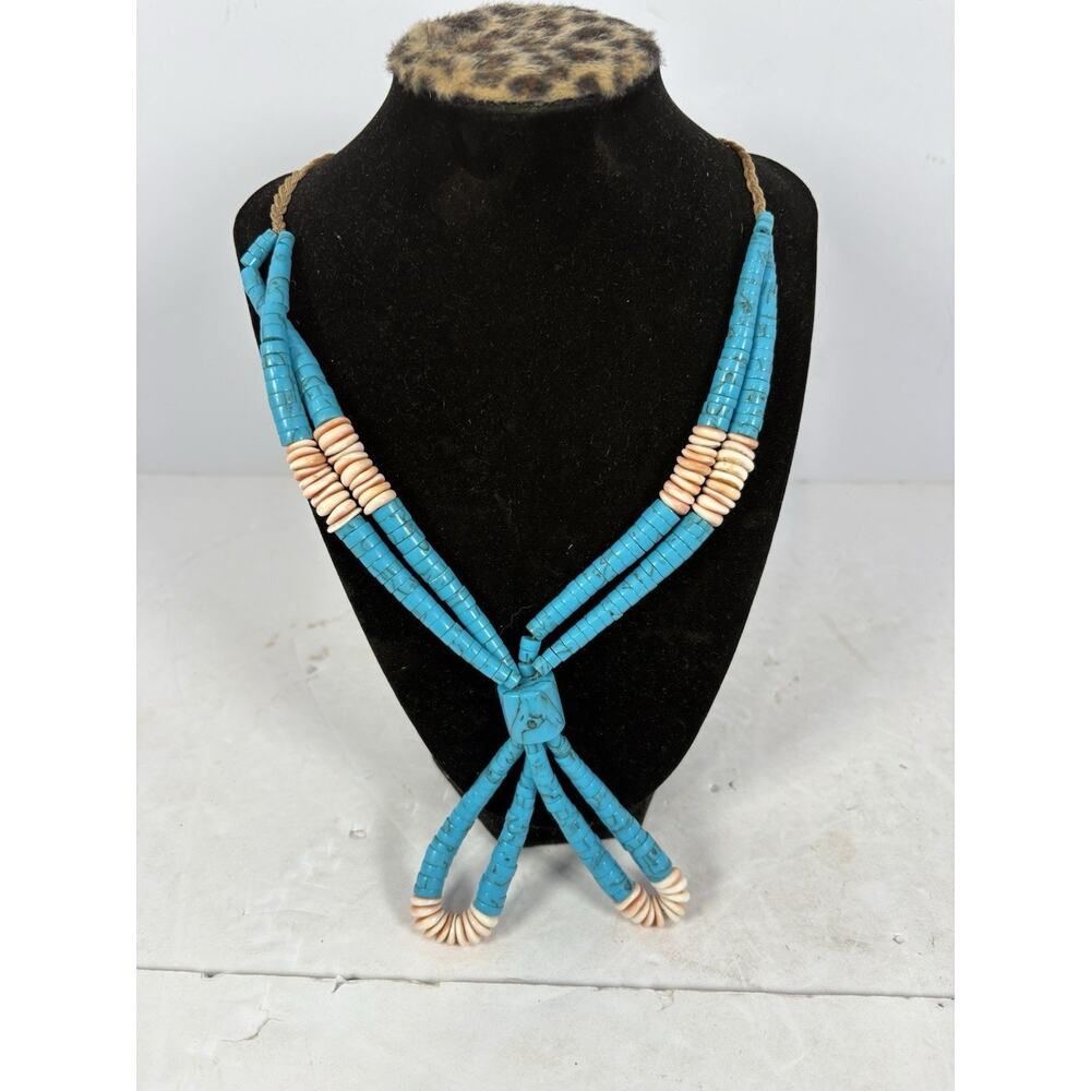 Vintage Southwestern Turquoise Color Heishi Shell Bead Bolo Necklace Adjustable
